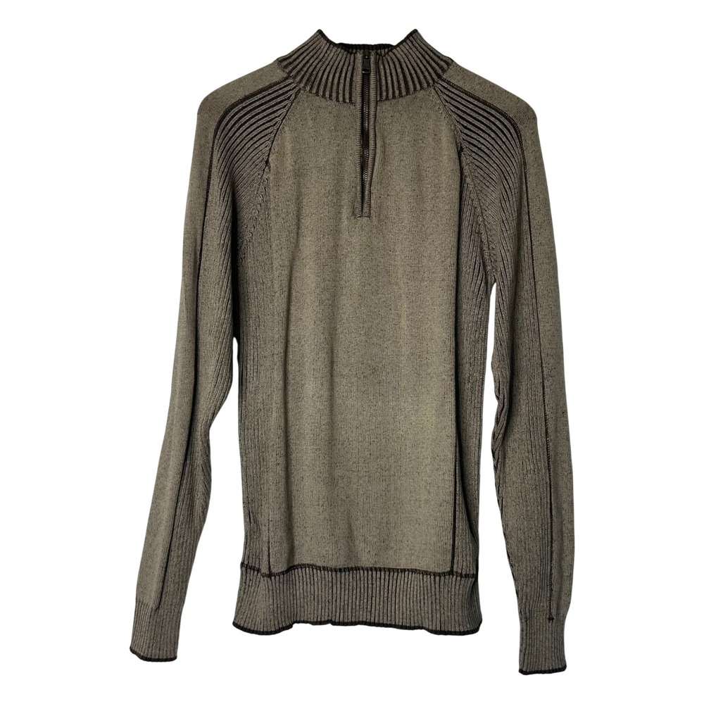 BKE Mens Large Quarter Zip Pullover‎ Sweater Ribbed Knit Brown Cotton Blend Y2K